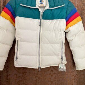 Number 1 Sun Vintage Ski Jacket Rainbow Colors, Medium Puffer Down Feathers